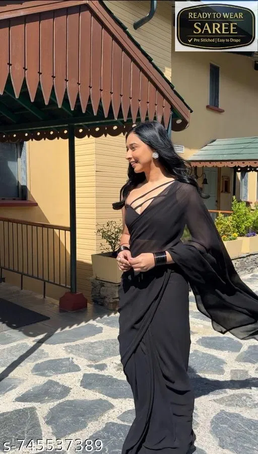 Pre-draped Georgette Saree for Women (Black, Single)