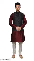 Dupion Silk Solid Kurta with Pyjama & Jacket for Men 