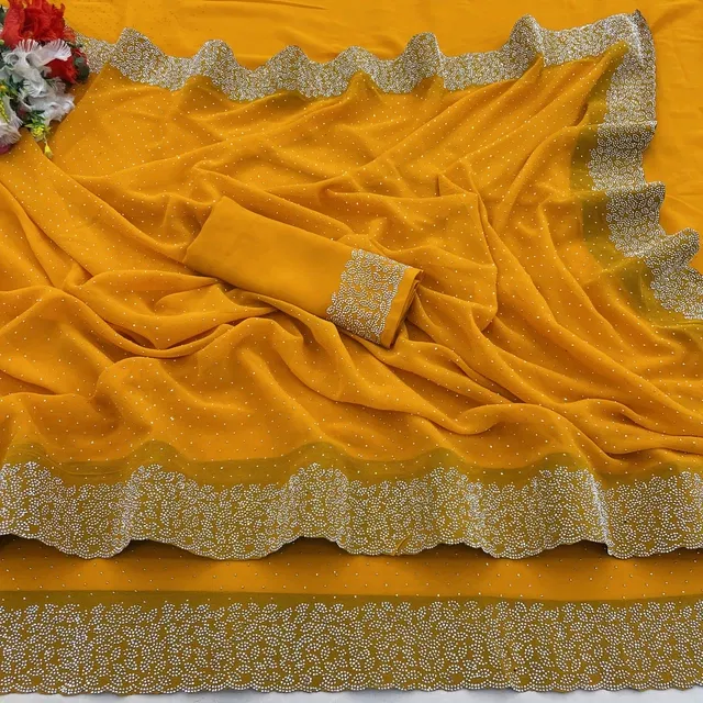 Georgette Woven Design Saree for Women (Yellow, 6.3 m)