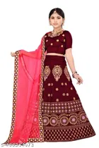 Satin Embroidered Lehenga with Choli & Dupatta for Girls 