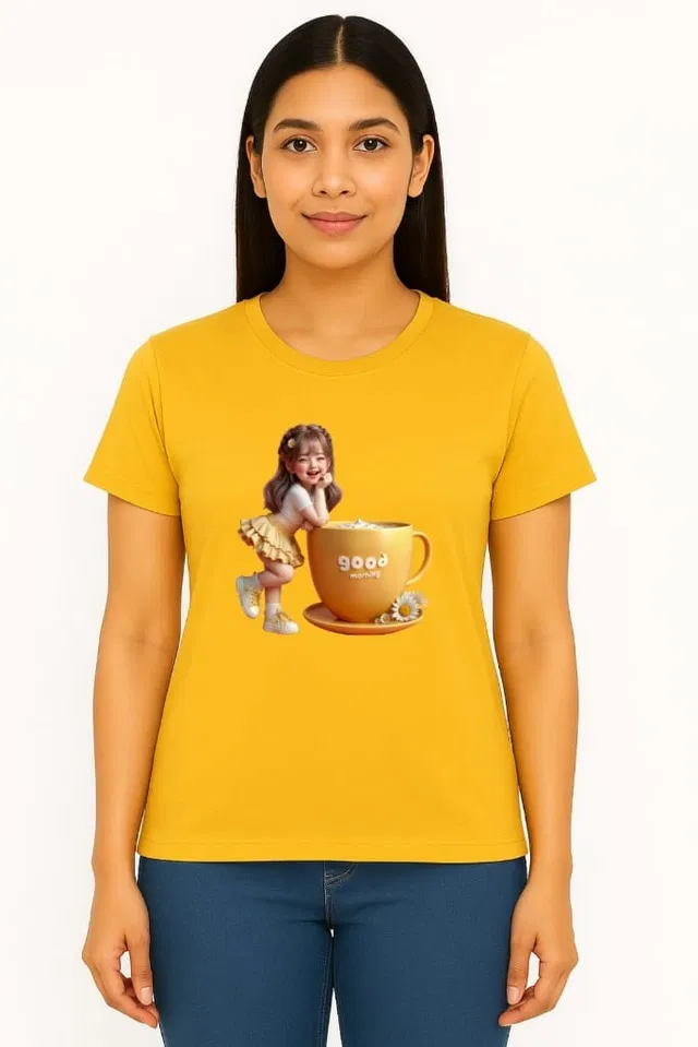 Cotton Blend Printed T-shirt for Women, Mustard (L)