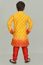 Dupion Silk Printed Kurta with Payjama for Boys, Yellow & Red 