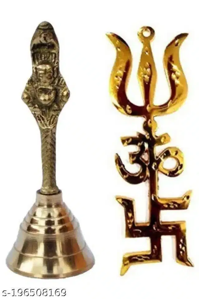 Trishakti Yantra Wall Hanging with Puja Bell (Gold, Set of 2)