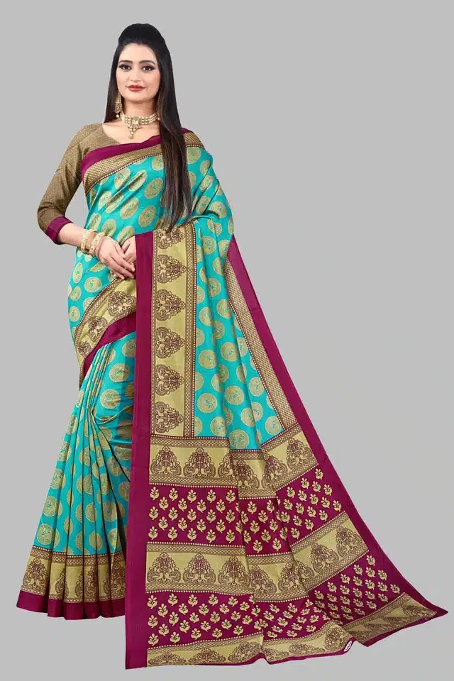 Printed Saree with Unstitched Blouse for Women (Turquoise, 6 m)