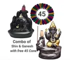 Combo of Handcrafted Adiyogi Mahadev & Ganeshji Backflow Incense Cone Holder with Free 45 Pcs Cones (Multicolor, Set of 3)