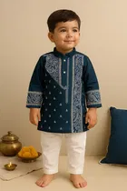 Dupion Silk Printed Kurta with Payjama for Boys, Teal & White 