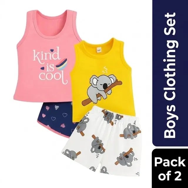 Cotton Blend Printed Clothing Set for Boys, Combo Pack of 2, Peach & Blue & Yellow & White, 18-24 Months