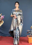 Litchi Silk Zari Woven Saree for Women, Grey 