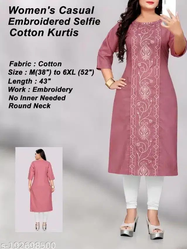 Cotton Embroidered Kurti for Women (Pink, XXXL)