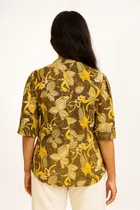 Women's Tropical Floral Print Mandarin Collar Top, M 