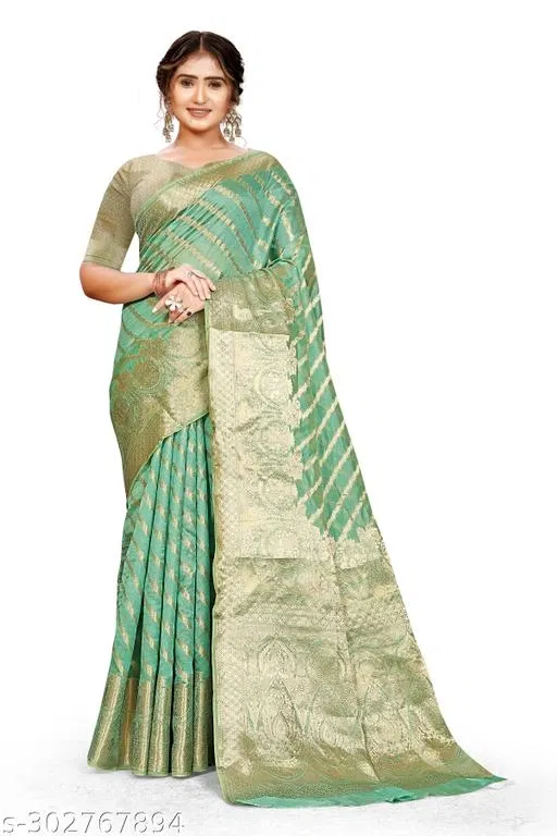 Organza Zari Woven Saree for Women (Teal, 6.3 m)