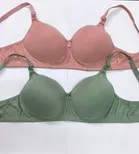 Cotton Blend Padded Solid Bras for Women, Green & Pink, Pack of 2 