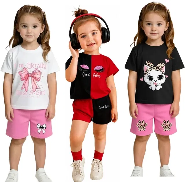 Graphic Print Cotton Blend Clothing Set for Girls, Pack of 3 (Multi, 18-24 M)