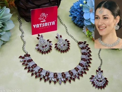 Astonishing Silver Finish Partywear Necklace Set with Chandbali Earrings for Women (Maroon, Free Size)