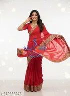 Twill Net Solid Saree For Women, Red