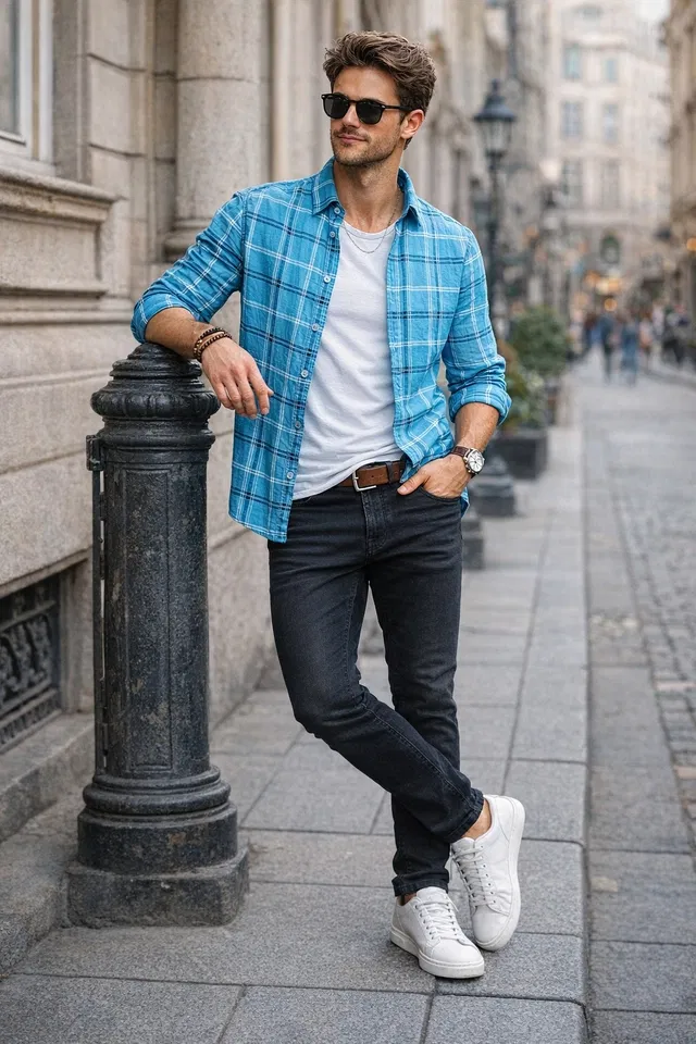 Cotton Blend Checkered Shirt for Men, Sky Blue (XL)