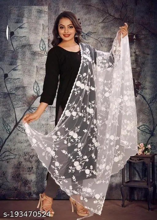 Botanical Embroidered Net Dupatta for Women (White, Free Size)