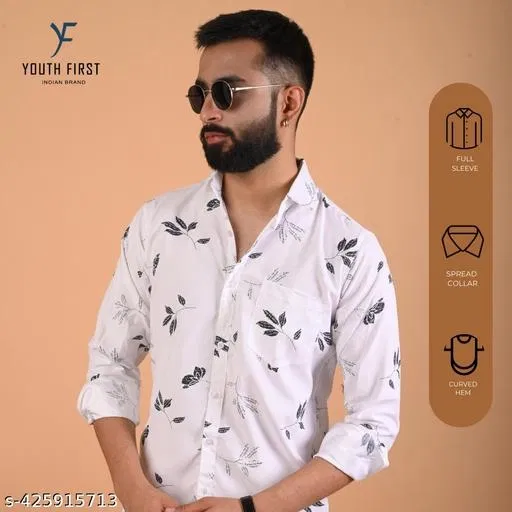 Cotton Blend Printed Shirt for Men, White (L)