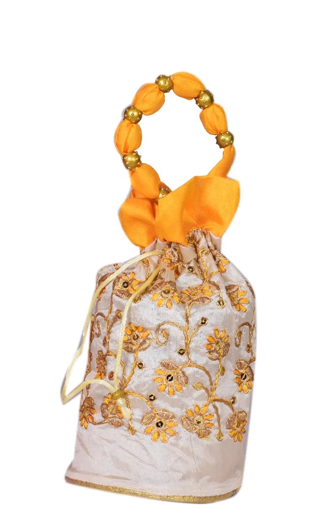 Silk Floral Ethnic Rajasthani Traditional Work Potli with Handle for Return Gifts (Yellow)