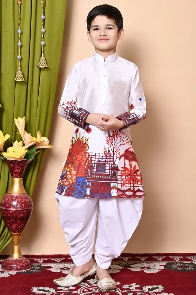 Dupion Silk Printed Kurta with Dhoti for Boys, Multicolor (9-10 Years)