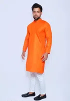 Cotton Blend Solid Kurta Set for Men (Orange & White, M)