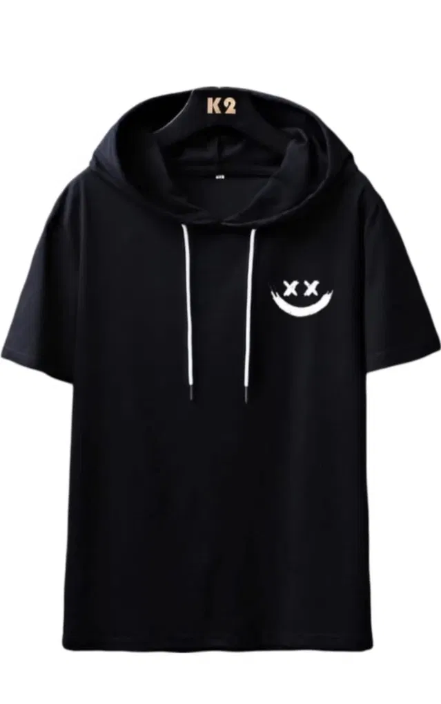 Half Sleeves Printed Hoodie for Men (Black, XL)