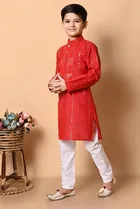 Cotton Embellished Kurta with Payjama for Boys, Red & White 