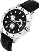 Silver Dial Chronograph Watch with PU Strap for Men, Black