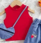 Hosiery Cotton & Denim Printed Clothing Set for Kids, Red & Blue 