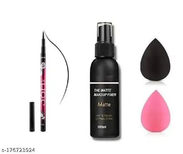 Combo of 36H Eyeliner with Makeup Fixer Spray (100 ml) & 2 Pcs Blenders (Multicolor, Set of 3)