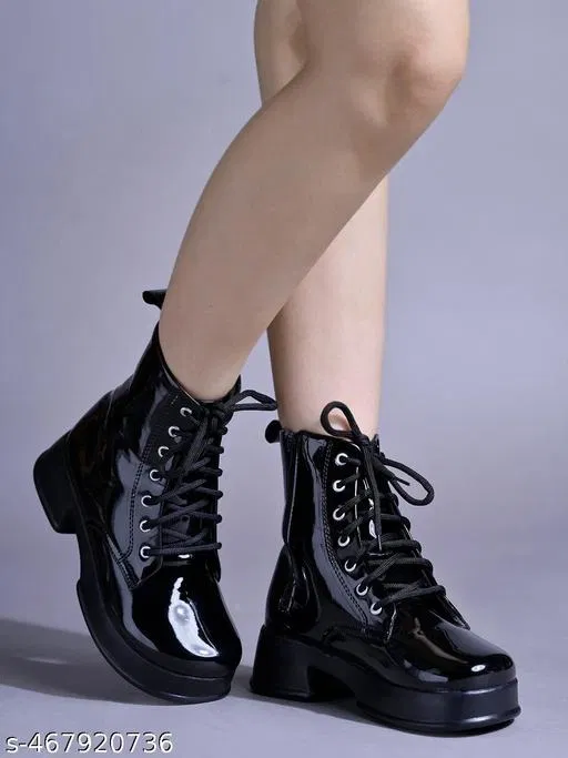 Shoetopia Solid Patent Leather Block Heeled Boots Black (IND-5)