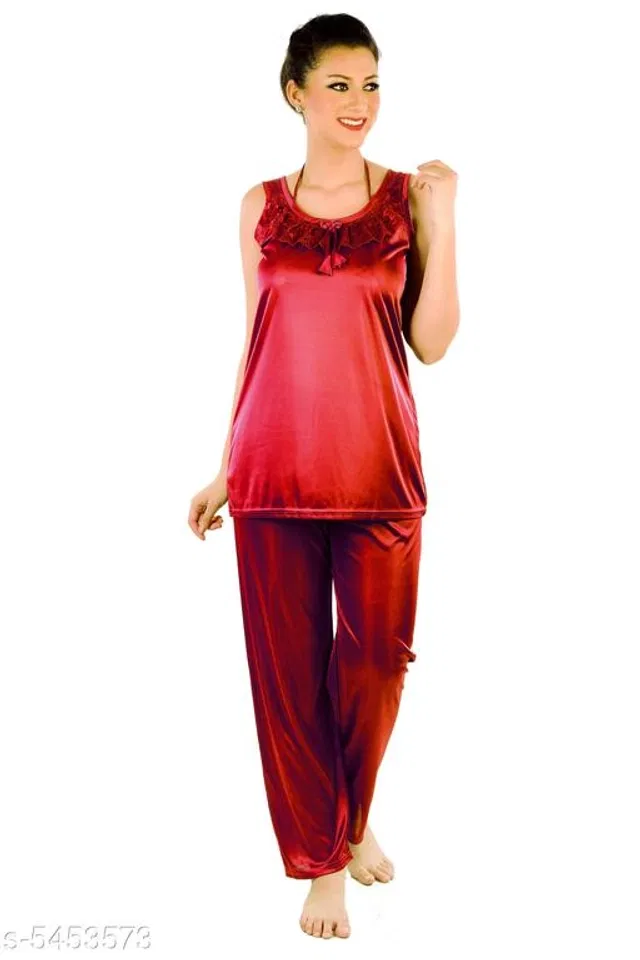 Satin Nightsuit Set for Women (Maroon, M)