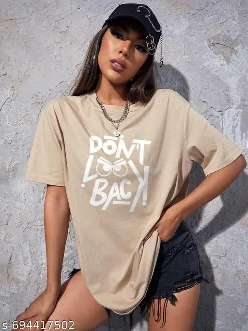 Cotton Blend Printed T-shirt for Women, Beige (L)