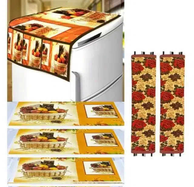 Knit Printed Fridge 3 Pcs Mat with 2 Pcs Handle & Top Cover (Multicolor, Set of 1)