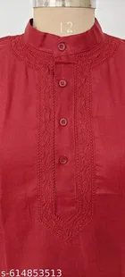 Cotton Solid Kurta Set for Men, White & Maroon 