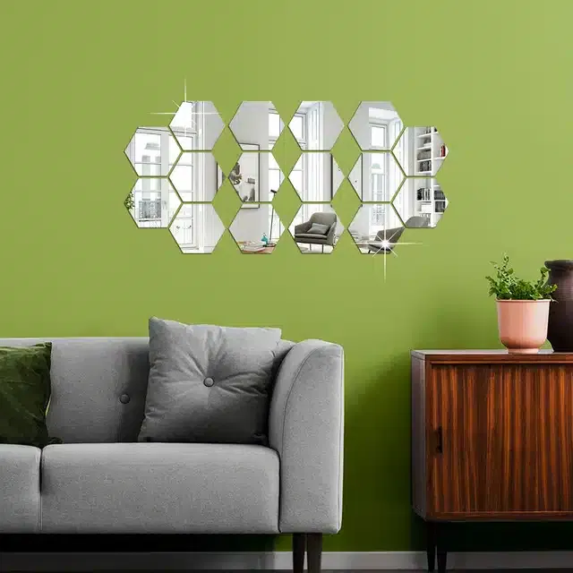 Acrylic Hexagon Shaped Wall Mirror Stickers (Silver, Pack of 16)