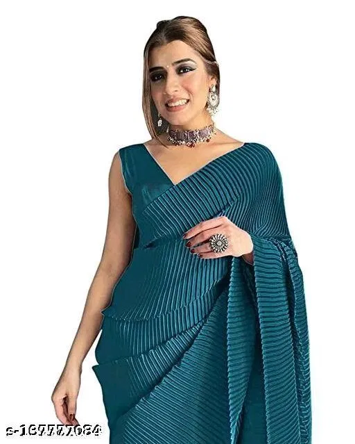 Crushed Satin Party Wear Saree for Women (Teal)