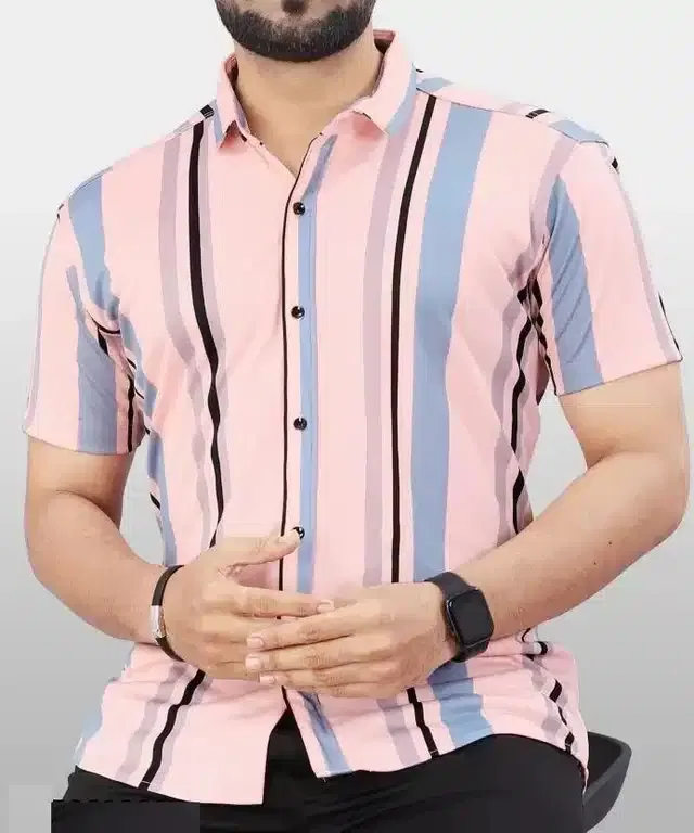 Half Sleeves Striped Shirt for Men (Pink, L)