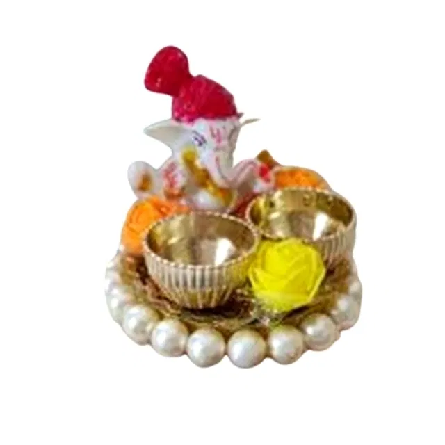 Metal Decorative Ganpati Haldi Kumkum Stand with 2 Roli Chawal Holder, Multicolor
