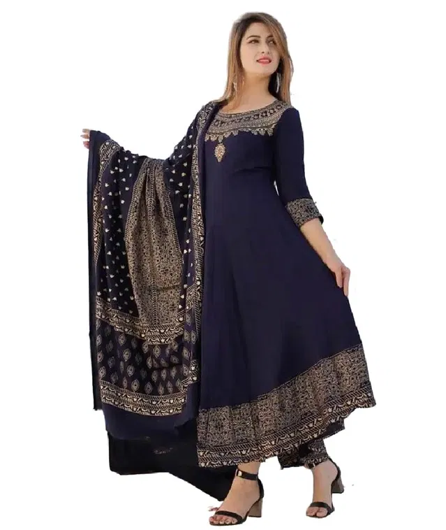 Mulmul Printed Kurti with Dupatta for Women (Navy Blue, L)