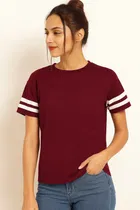 Women's Casual Wear Striped sleeves Regular Fit T-shirt Wine Style-4 
