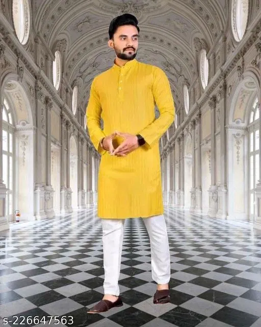 Mandarin Neck Kurta for Men (Yellow, XL)