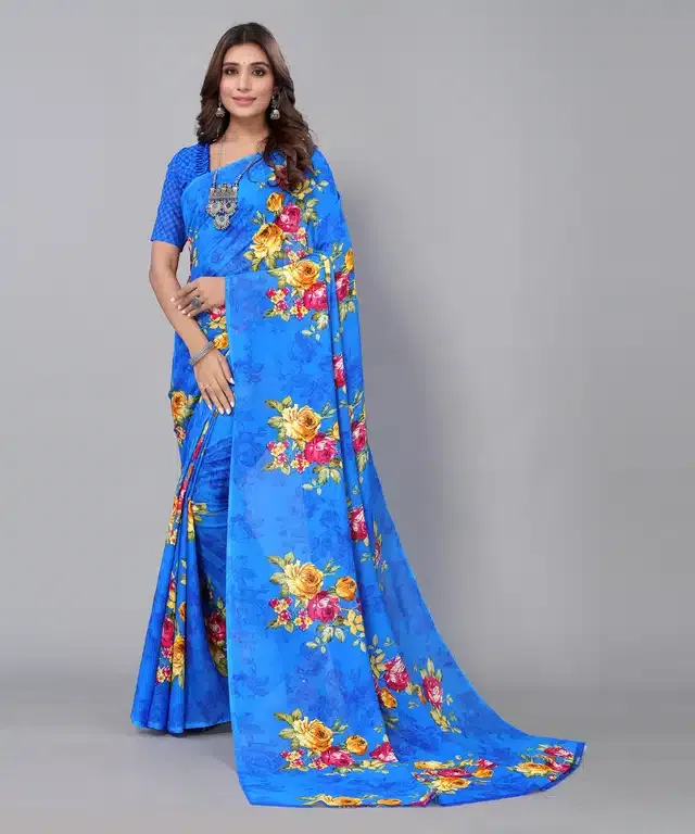 Women's Designer Georgette Floral Printed Saree with Blouse Piece (Blue) (S-162)