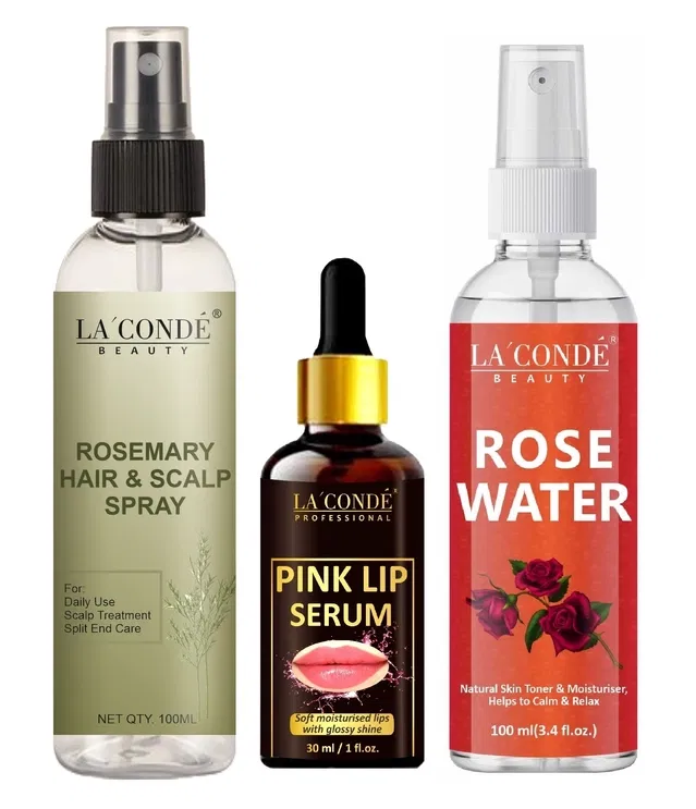La'Conde Beauty Natural Rosemary Water Hair Spray (100 ml) with, Pink Lip Serum (30 ml) & Natural Rose Water (100 ml) (Set of 3)