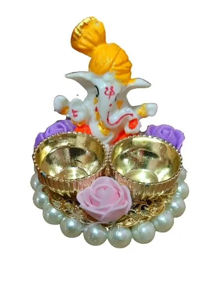 Metal Decorative Ganpati Haldi Kumkum Stand with 2 Roli Chawal Holder, Multicolor