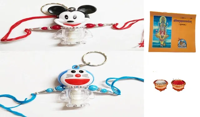 Plastic Doremon Mickey Light Rakhi with Vishnu Srotra for Kids (Multicolor, Pack of 3)
