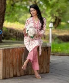 Cotton Blend Floral Print Kurta with Pant for Women (Red & White, S)