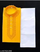 Cotton Blend Solid Kurta Set for Men, Yellow & White 