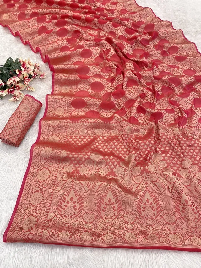 Organza Zari Woven Saree for Women (Red, 6.3 m)