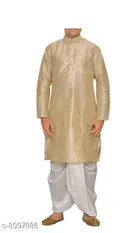 Silk Solid Kurta with Dhoti for Men (Beige & White, M)